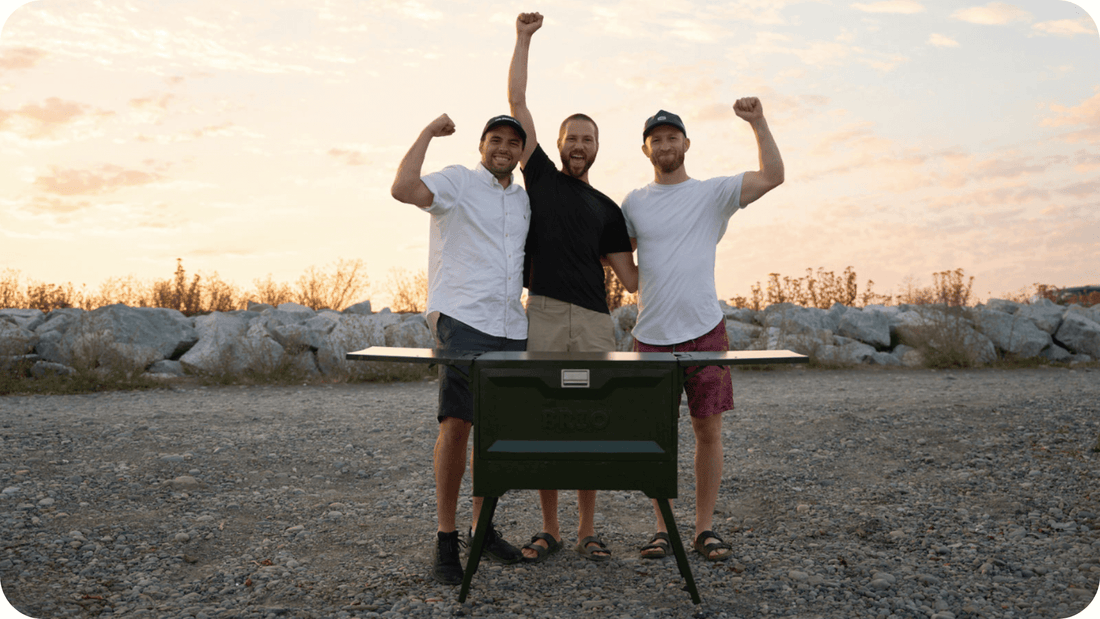 The three Chuk Outdoors co-founders standing in front of the Chuk Kitchen Box celebrating the success of an incredible Kickstarter launch!