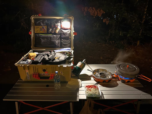 camp kitchen setup at night