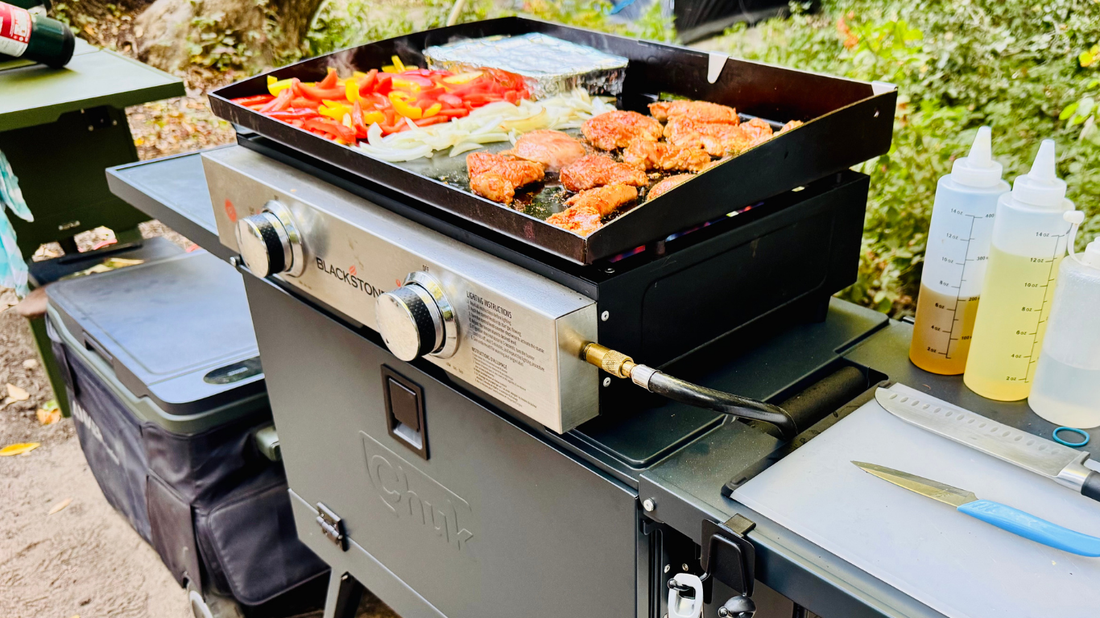 blackstone griddle on chuk camp kitchen box