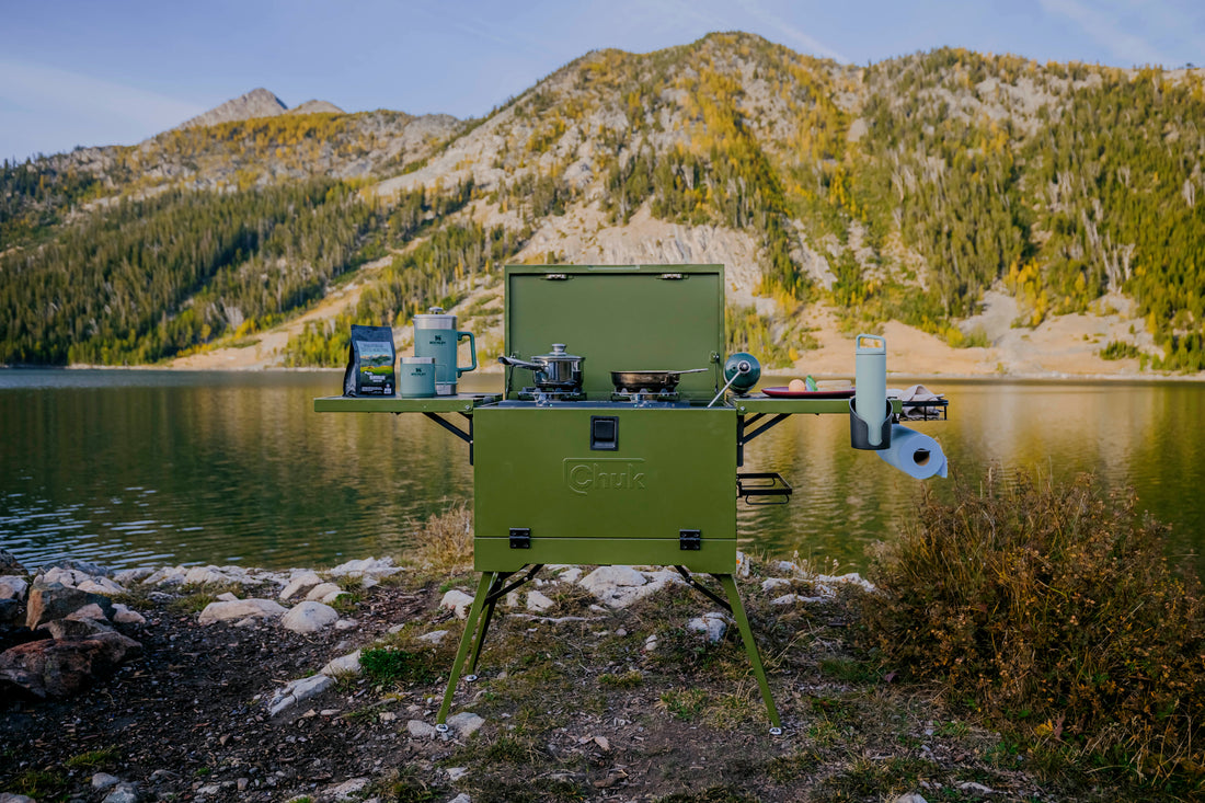 chuk kitchen box with mountains and lake in the background