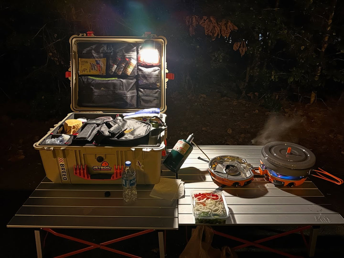 camp kitchen setup at night